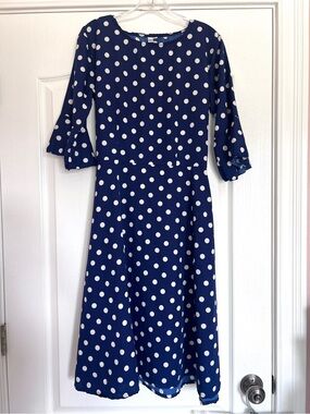 Vivint Navy and White Polka Dot Midi Dress